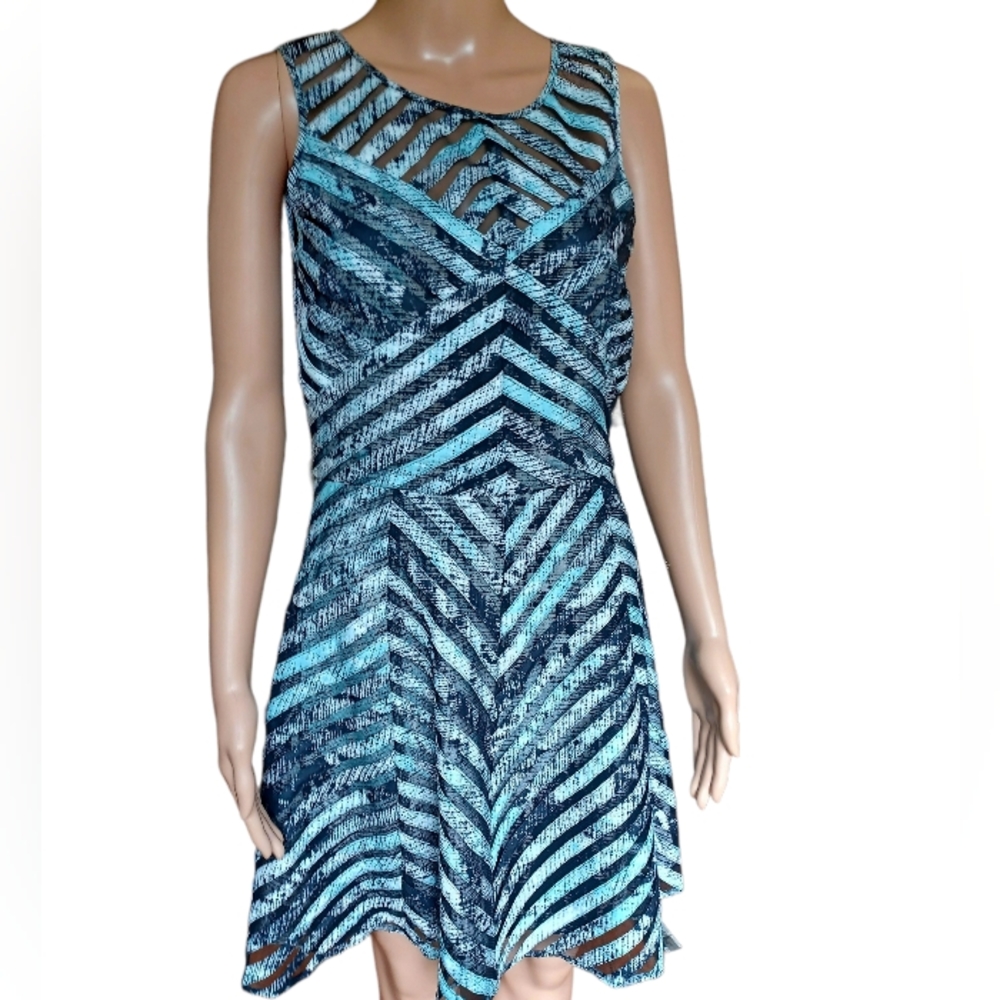 Parker Blue and Teal Sleeveless Patterned Fit-and-Flare Dress